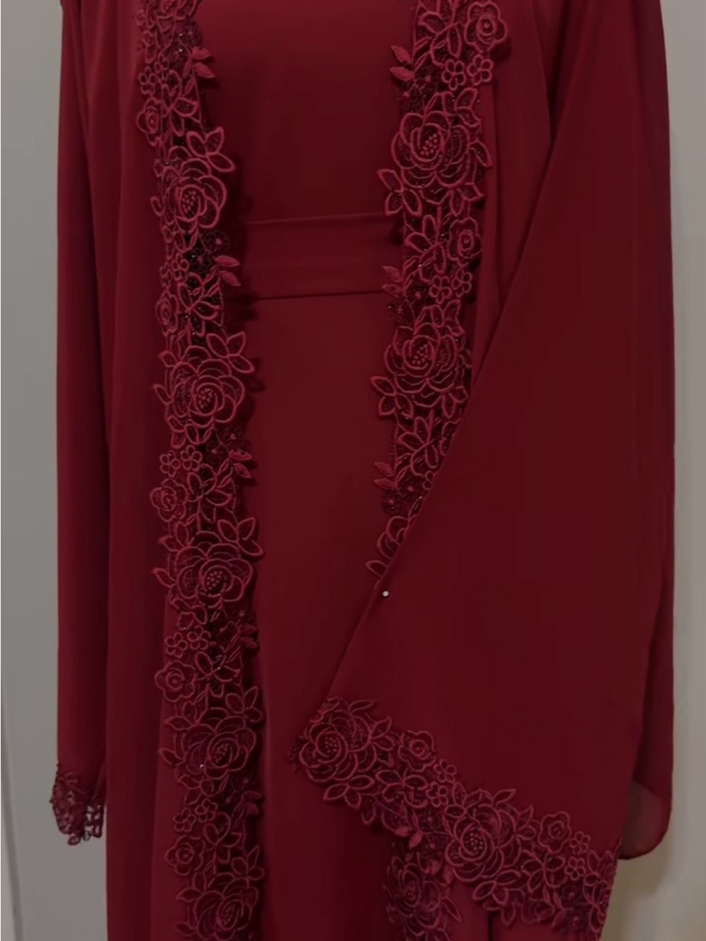 Embroidered Floral Trim Burgundy Dress & Overlay